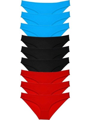 Kuzgun Ticaret 9 Adet Süper Eko Set Likralı Kadın Slip Külot Siyah Kırmızı Mavi