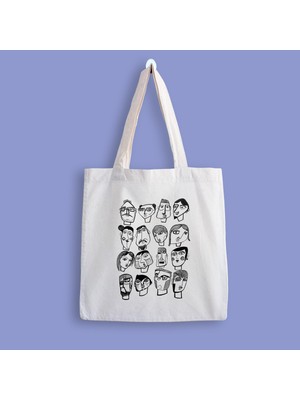 Designedfy Faces Line Art Baskılı Bez Çanta