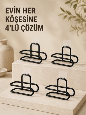 Delmeden Monte Tuvalet Kağıdı Askısı Siyah Metal Yapışkanlı Banyo Kağıtlığı 4’lü Set - Lisinya