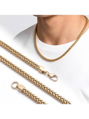 Moncuk Design Köşeli Burgu Erkek Çelik Zincir Kolye 4×4 mm 55 cm Gold 3351ECK009