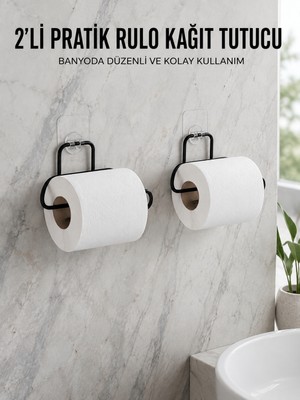 2 Adet Siyah Yapışkanlı Kağıtlık Duvar Tipi Tuvalet Kağıdı ve Rulo Tutucu - Lisinya