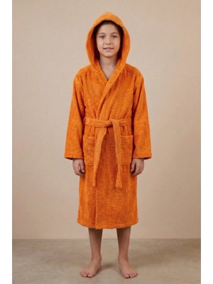 Motif Tekstil *ihraç Fazlası* %100 Pamuk Kapüşonlu Cepli Unisex Çocuk Bornozu -Hafif Kusurludur- - Turuncu - 10-12 Yaş