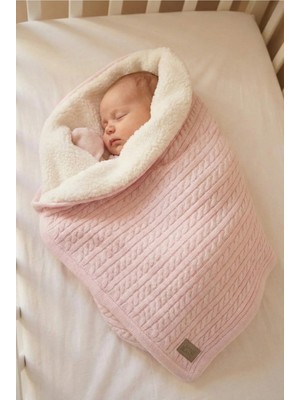 Motif Tekstil Kışlık Bebek Battaniyesi Suni Kuzu Yünü Örgü 75X90 cm - Toz Pembe