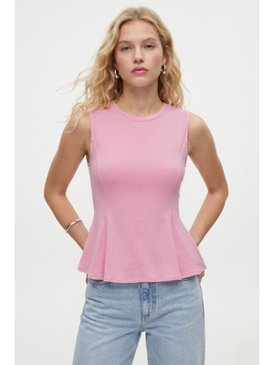 Ritnice Kadın Rowe %100 Pamuk Peplum Sıfır Kol Pembe Bluz