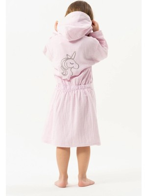 Motif Tekstil %100 Müslin Kapüşonlu Cepli Beli Lastikli Çocuk Bornozu - Pembe - 5-6 Yaş