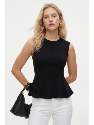 Ritnice Kadın Rowe %100 Pamuk Peplum Sıfır Kol Siyah Bluz