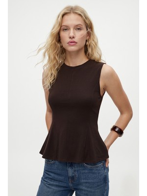 Ritnice Kadın Rowe %100 Pamuk Peplum Sıfır Kol Kahverengi Bluz