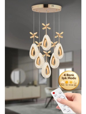 Damla Model 6'lı Gold Kumandalı 3 Renk Modu Ledli Kristal Taşlı Modern Salon Mutfak Oturma Odası LED Avize