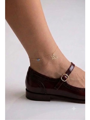 Papatya Silver Orjinal 14 Ayar Sertifikalı Altın Minimalist Nazar Gözlü Top Zincir Lotus Çiçeği Altın Halhal