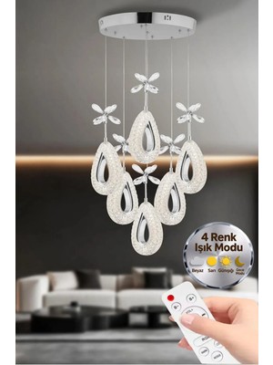 Damla Model 6'lı Gümüş Kumandalı 3 Renk Modu Ledli Kristal Taşlı Modern Salon Mutfak Oturma Odası LED Avize