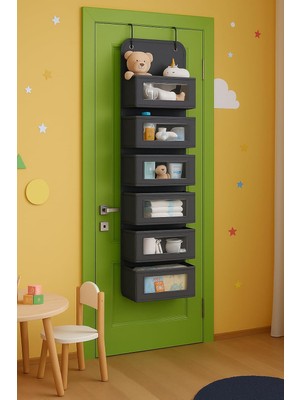 Happy Trend 6 Katlı Kapı Arkası Düzenleyici Raf Bebek Eşyası Çocuk Odası Banyo Organizer (Antrasit)