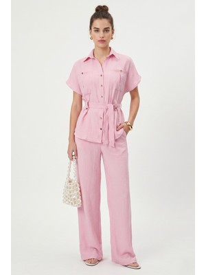 Ritnice Kadın Bret Gömlek Pantolon Dokuma Pembe Alt Üst Takım