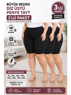 Medament 3'lü Büyük Beden Ağlı Diz Üstü Kısa Penye Tayt(Extra Büyük Beden) Rahat Kalıp, Yüksek Bel.
