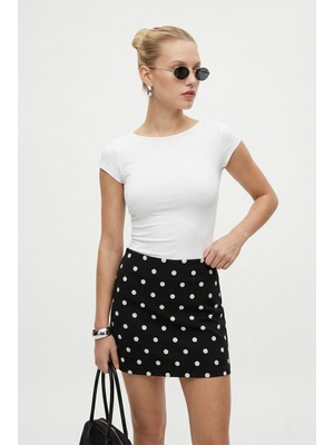 Ritnice Kadın Polka Şortlu Astarlı Siyah Puantiye Dokuma Mini Etek