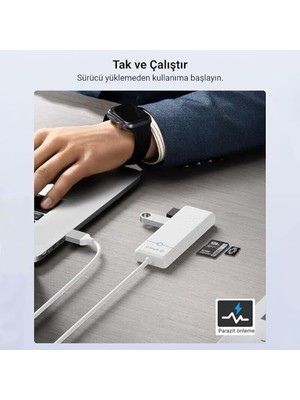 TeknoKapsül Type-C To 3.0 Tf Sd Kart Okuyucu 3 Portlu USB 3.0 Çoklayıcı Adaptör Beyaz