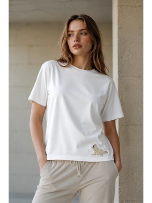 Seven Cubed 7³ 0 Yaka Kısa Kollu Fok Nakışlı Lycra Cotton T-Shirt
