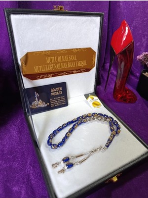Kehribar Kişiye Özel Harfli Mavi Altın Parçacıklı Golden Rosary Tesbih Sertifikalı Hediye Kutulu