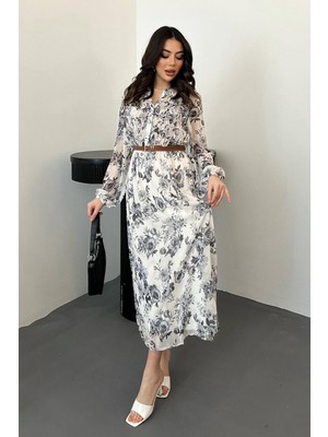Moda Days Kadın Siyah Çiçek Desenli Biyeli Gömlek Yaka Düğmeli Uzun Kollu Midi Elbise