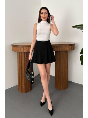 Moda Days Kadın Siyah Şort Etek Lastikli Bel Pileli Mini Dokuma Günlük Şık