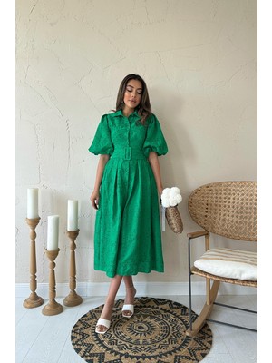 Moda Days Kadın Yeşil Midi Gömlek Yaka Balon Kol Kemerli Pileli Pamuklu Elbise