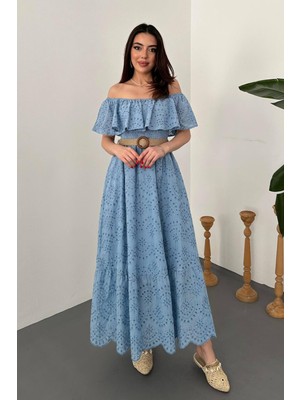 Moda Days Kadın Bebe Mavi Omzu Açık Brode Maxi Elbise Volanlı Yaka Kloş Kesim Pamuklu