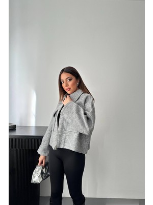 Moda Days Kadın Gri Kaşe Ceket Fermuarlı Kapaklı Cepli Gömlek Yakalı Crop Kesim
