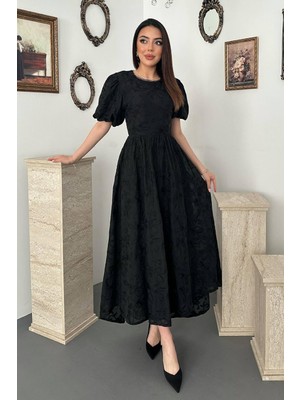 Moda Days Kadın Siyah Brode Midi Elbise Balon Kollu Beli Büzgülü Sırtı Bağlamalı
