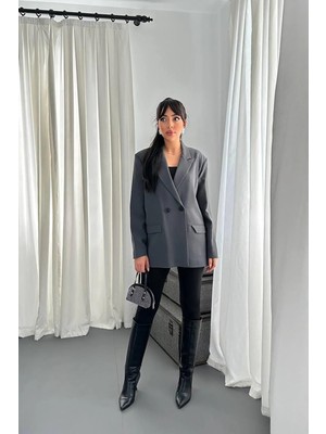 Moda Days Kadın Füme Kruvaze Blazer Ceket Ceket Yaka Uzun Kollu Kapak Cepli Düz Dokuma