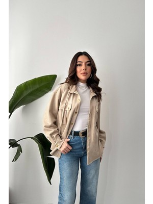 Moda Days Kadın Bej Süet Gömlek Dik Yaka Çıtçıtlı Çift Cepli Uzun Kollu Normal Boy