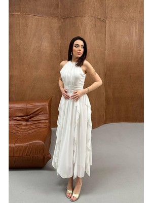 Moda Days Kadın Beyaz Maxi Elbise Halter Yaka Büzgülü Fırfır Detaylı Astarlı