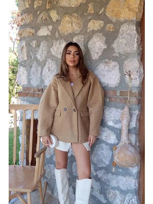 Moda Days Kadın Camel Kısa Kruvaze Kaban Iki Düğmeli Astarlı Cepli Dokulu
