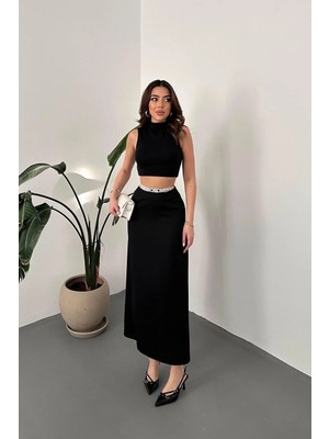 Moda Days Kadın Siyah Uzun Beli Lastikli Düğme Detaylı Düz Kesim Etek