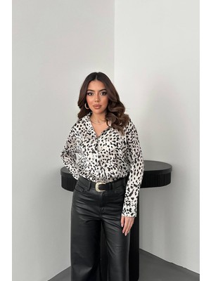 Moda Days Kadın Ekru Leopar Desenli Saten Gömlek Bağlamalı Uzun Kollu Gömlek Yaka