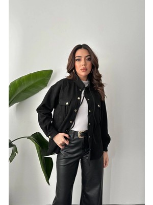 Moda Days Kadın Siyah Süet Gömlek Dik Yaka Çıtçıtlı Çift Cepli Uzun Kollu Normal Boy