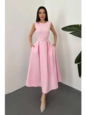 Moda Days Kadın Hardal Halter Yaka Kloş Elbise