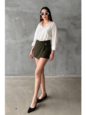 Moda Days Kadın Haki Şort Etek Asimetrik Ön Kapamalı Tokalı Yüksek Bel Mini