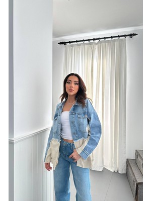 Moda Days Kadın Mavi Denim Ceket Triko Garnili Gömlek Yaka Düğmeli Cep Detaylı Uzun Kollu