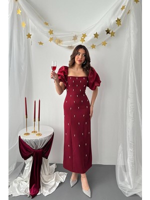 Moda Days Kadın Bordo Elbise Midi Kare Yaka Balon Kollu Boncuk Işlemeli Kalem Kesim