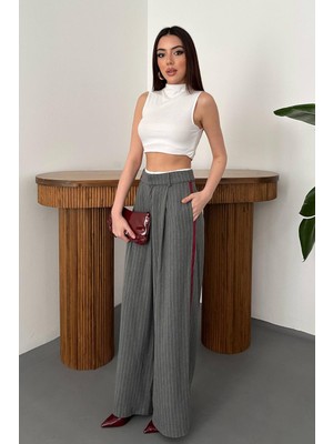 Moda Days Kadın Gri Palazzo Pantolon Çizgili Bordo Yan Şeritli Yüksek Bel Geniş Paça