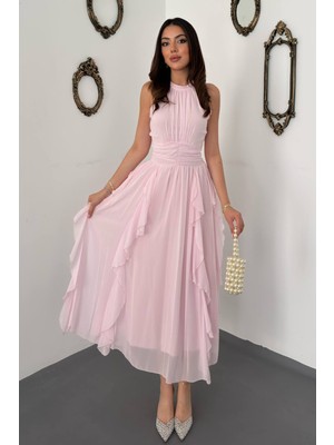 Moda Days Kadın Pudra Maxi Elbise Halter Yaka Büzgülü Fırfır Detaylı Astarlı