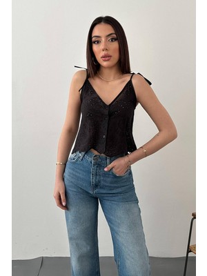 Moda Days Kadın Siyah Bluz Askılı Bağcıklı Brode Crop V Yaka Düğmeli Işlemeli