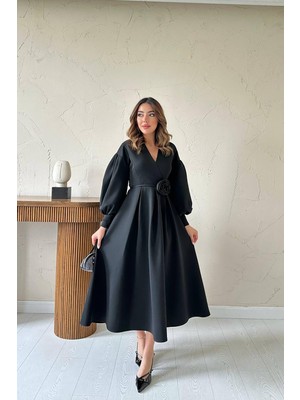 Moda Days Kadın Siyah Midi Elbise Kruvaze Yaka Balon Kol Gül Detaylı Kloş Scuba Dokulu