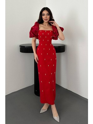 Moda Days Kadın Kırmızı Elbise Midi Kare Yaka Balon Kollu Boncuk Işlemeli Kalem Kesim
