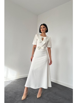 Moda Days Kadın Beyaz Midi Elbise Fiyonklu Anahtar Deliği Yakalı Balon Kollu Kloş Kesim