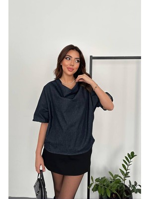Moda Days Kadın Mavi Denim Bluz Degaje Yaka Düşük Omuz Kısa Kol Rahat Kesim