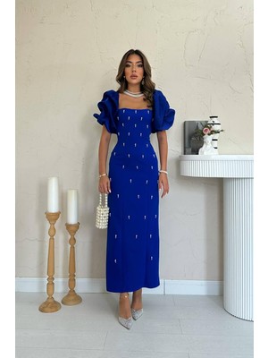 Moda Days Kadın Saks Elbise Midi Kare Yaka Balon Kollu Boncuk Işlemeli Kalem Kesim