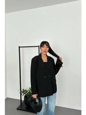 Moda Days Kadın Siyah Kruvaze Blazer Ceket Ceket Yaka Uzun Kollu Kapak Cepli Düz Dokuma
