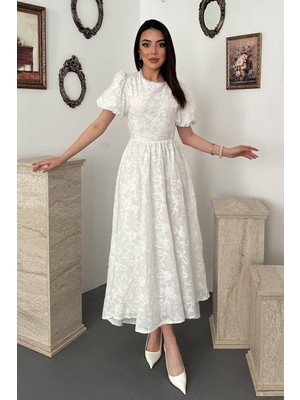 Moda Days Kadın Beyaz Brode Midi Elbise Balon Kollu Beli Büzgülü Sırtı Bağlamalı
