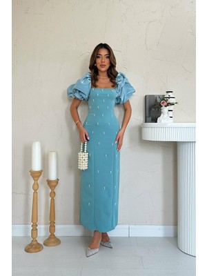 Moda Days Kadın Mint Elbise Midi Kare Yaka Balon Kollu Boncuk Işlemeli Kalem Kesim