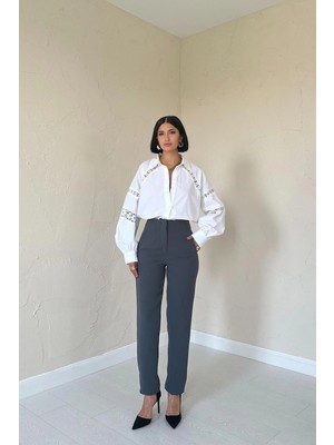 Moda Days Kadın Füme Yüksek Bel Pensli Dar Paça Yan Cepli Dokuma Pantolon
